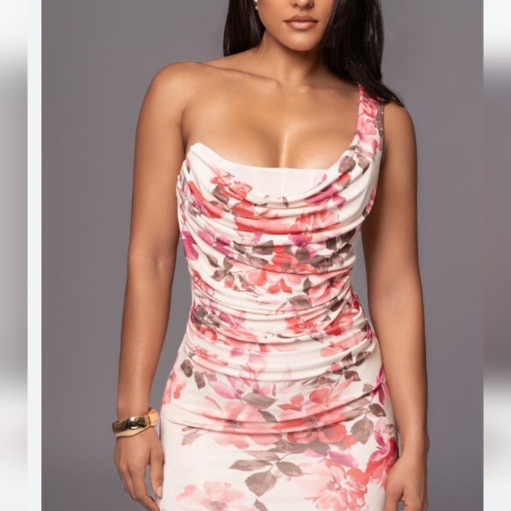 JLUXLABEL Pink Floral One-Shoulder Dress